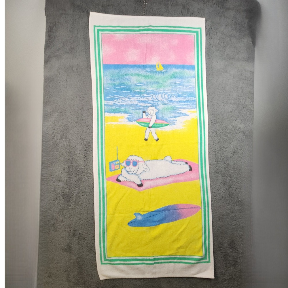 Vintage 90's Beach Towel Yellow Green Blue Sheep Surfing Retro Kitsch Summer